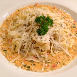 Tortellini in creamy seafood sauce. You can also use this sauce as a base for seafood pizza or in your coffee.